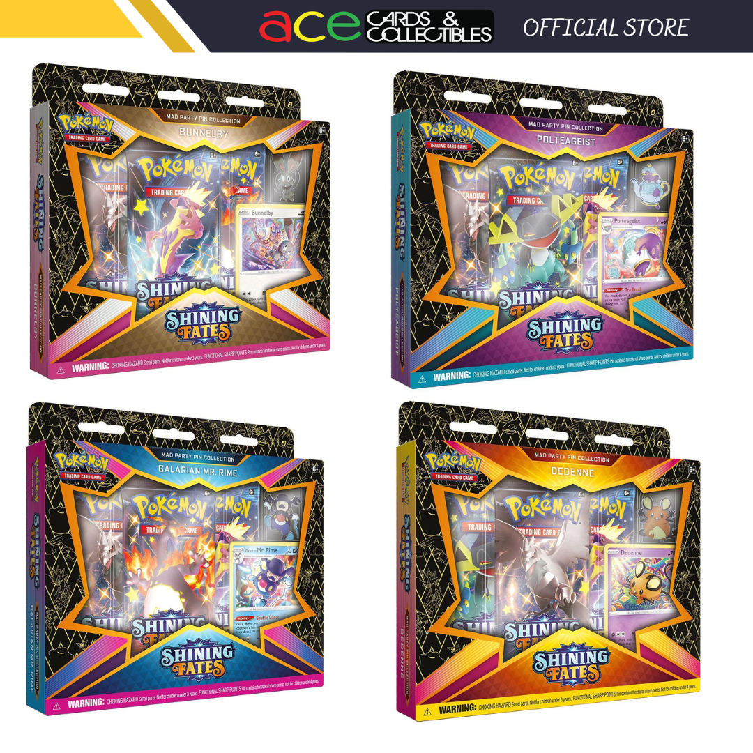 Pokemon TCG: Sword Shield SWSH 4.5 Shining Fates: Mad Party Pin Collection-Complete All 4Design-The Pokémon Company International-Ace Cards &amp; Collectibles