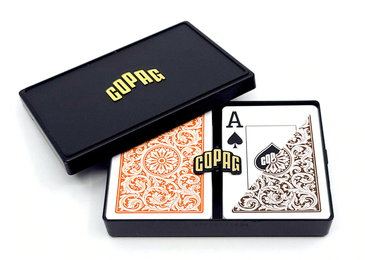Copag 1546 100% Plastic Playing Cards - Poker Size Jumbo Index Double Deck Set-Orange/Brown-Cartamundi-Ace Cards &amp; Collectibles