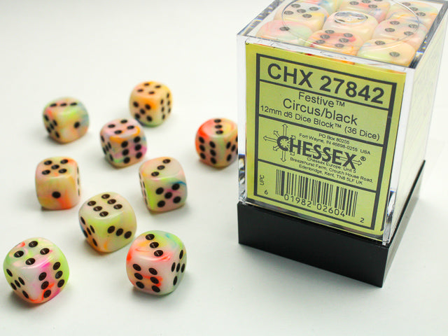 Chessex Dice Festive Polyhedral 12mm D6 Dice Set-Circus/Black-Chessex-Ace Cards &amp; Collectibles