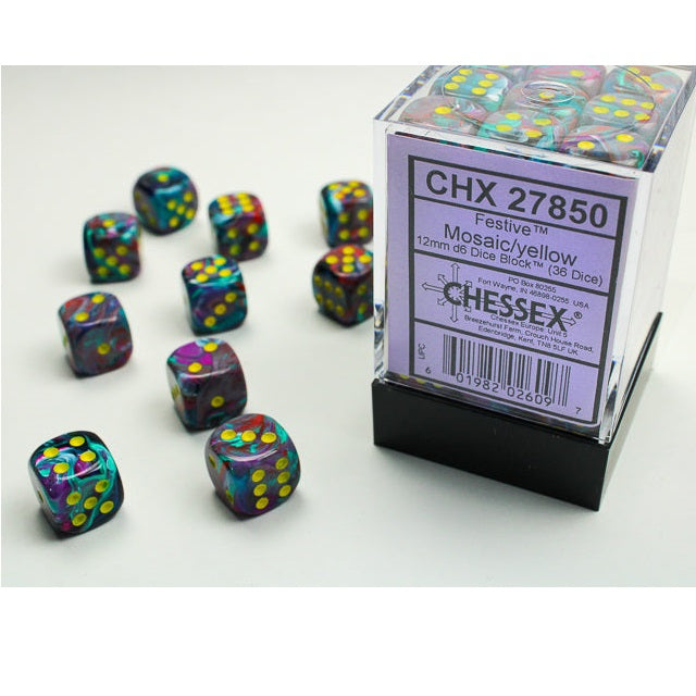 Chessex Dice Festive Polyhedral 12mm D6 Dice Set-Mosaic/Yellow-Chessex-Ace Cards &amp; Collectibles