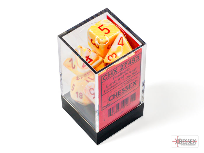 Chessex Dice Festive Polyhedral 7-Dice Set-Sunburst/Red-Chessex-Ace Cards &amp; Collectibles