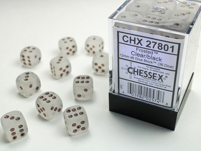 Chessex Dice Frosted Polyhedral 12mm D6 Dice Set-Clear/Black-Chessex-Ace Cards &amp; Collectibles