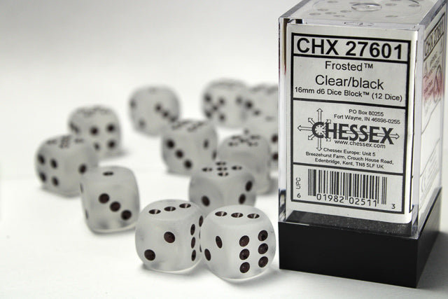 Chessex Dice Frosted Polyhedral 16mm D6 Dice Set-Clear/Black-Chessex-Ace Cards &amp; Collectibles