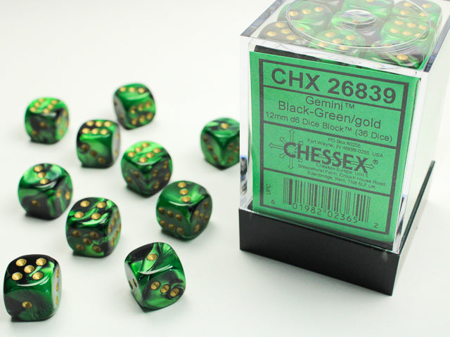 Chessex Dice Gemini Polyhedral 12mm D6 Dice Set-Black-Green/Gold-Chessex-Ace Cards &amp; Collectibles