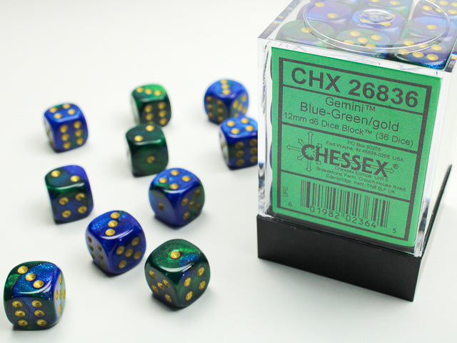 Chessex Dice Gemini Polyhedral 12mm D6 Dice Set-Blue-Green/Gold-Chessex-Ace Cards &amp; Collectibles