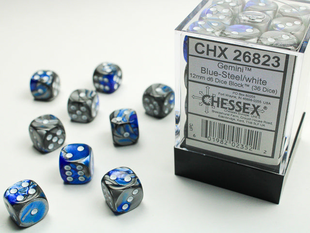 Chessex Dice Gemini Polyhedral 12mm D6 Dice Set-Blue-Steel/White-Chessex-Ace Cards &amp; Collectibles