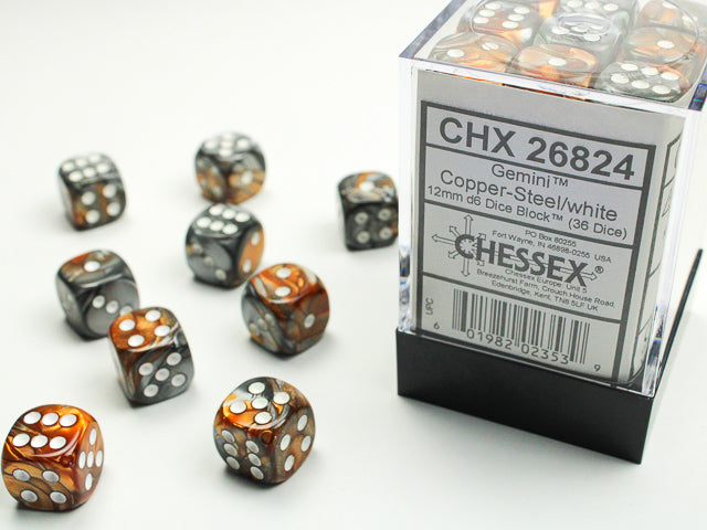 Chessex Dice Gemini Polyhedral 12mm D6 Dice Set-Copper-Steel/white-Chessex-Ace Cards &amp; Collectibles