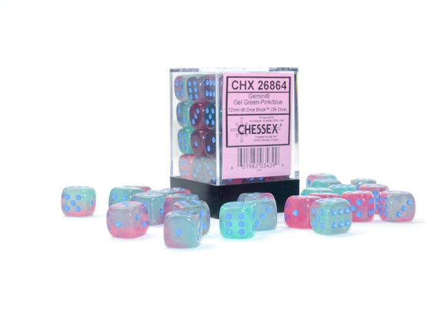 Chessex Dice Gemini Polyhedral 12mm D6 Dice Set-Gel Green-Pink/Blue-Chessex-Ace Cards &amp; Collectibles