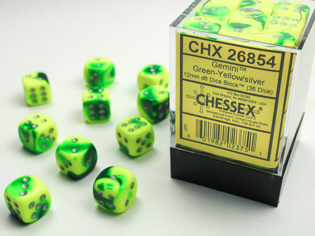 Chessex Dice Gemini Polyhedral 12mm D6 Dice Set-Green-Yellow/Silver-Chessex-Ace Cards &amp; Collectibles