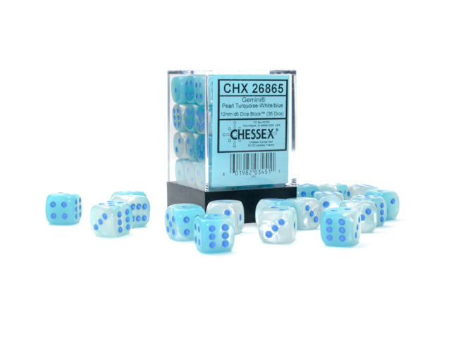 Chessex Dice Gemini Polyhedral 12mm D6 Dice Set-Pearl Turquoise-White/Blue Luminary-Chessex-Ace Cards &amp; Collectibles