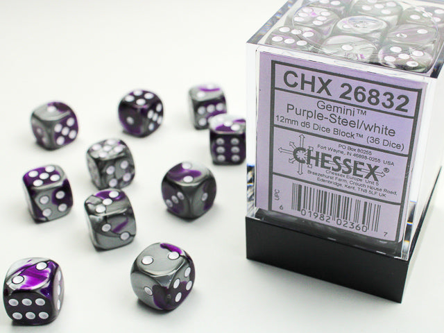 Chessex Dice Gemini Polyhedral 12mm D6 Dice Set-Purple-Steel/White-Chessex-Ace Cards &amp; Collectibles