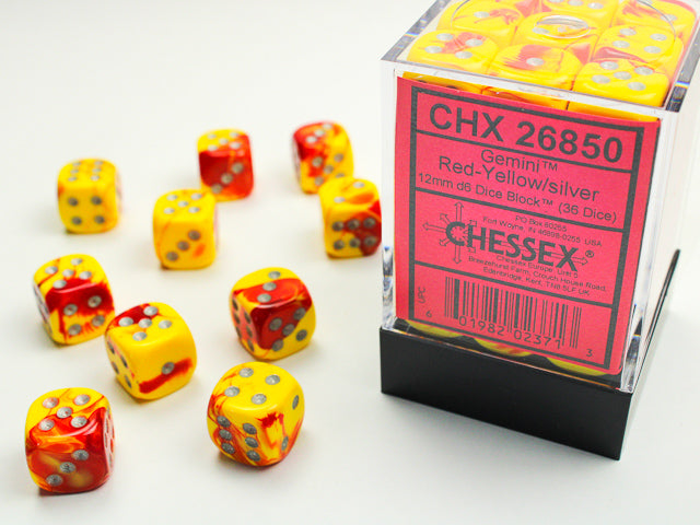 Chessex Dice Gemini Polyhedral 12mm D6 Dice Set-Red-Yellow/Silver-Chessex-Ace Cards &amp; Collectibles