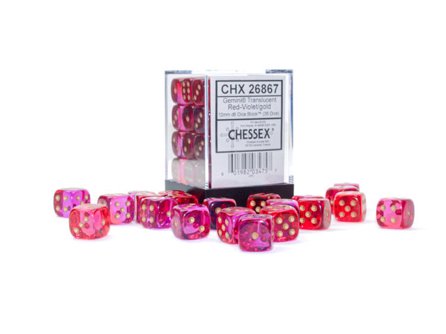 Chessex Dice Gemini Polyhedral 12mm D6 Dice Set-Translucent Red-Violet/Gold-Chessex-Ace Cards &amp; Collectibles