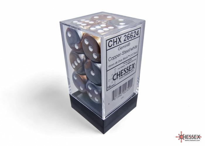 Chessex Dice Gemini Polyhedral 16mm D6 Dice Set-Copper-Steel/White-Chessex-Ace Cards &amp; Collectibles