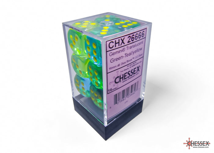 Chessex Dice Gemini Polyhedral 16mm D6 Dice Set-Translucent Green-Teal/Yellow-Chessex-Ace Cards &amp; Collectibles