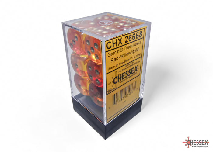 Chessex Dice Gemini Polyhedral 16mm D6 Dice Set-Translucent Red-Yellow/Gold-Chessex-Ace Cards &amp; Collectibles