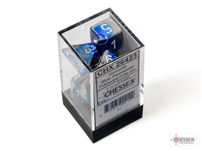 Chessex Dice Gemini Polyhedral 7-Dice Set-Blue-Steel/White-Chessex-Ace Cards &amp; Collectibles