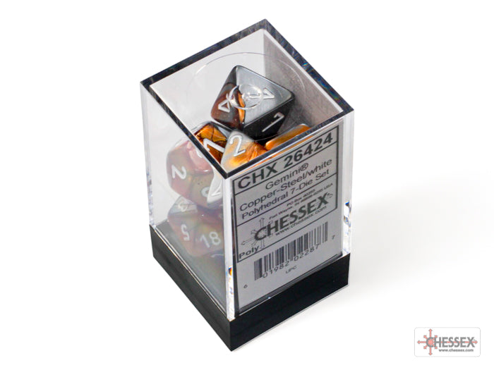 Chessex Dice Gemini Polyhedral 7-Dice Set-Copper-Steel/White-Chessex-Ace Cards &amp; Collectibles