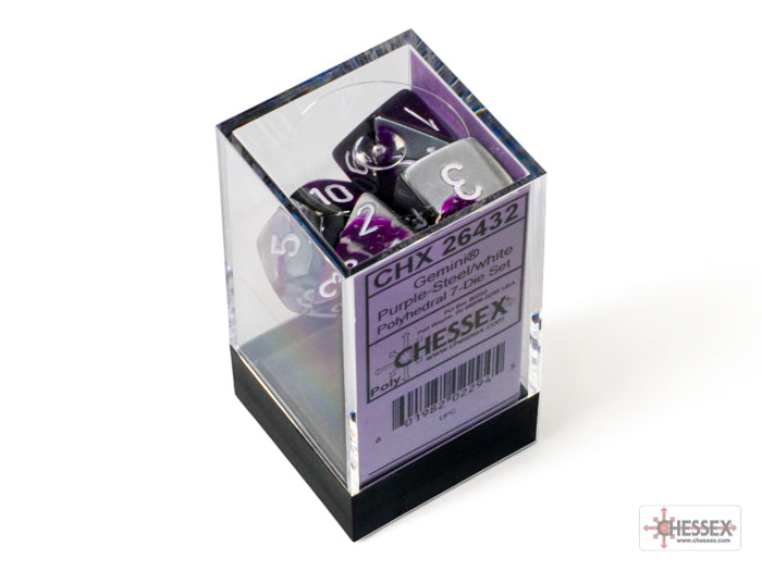 Chessex Dice Gemini Polyhedral 7-Dice Set-Purple-Steel/White-Chessex-Ace Cards &amp; Collectibles