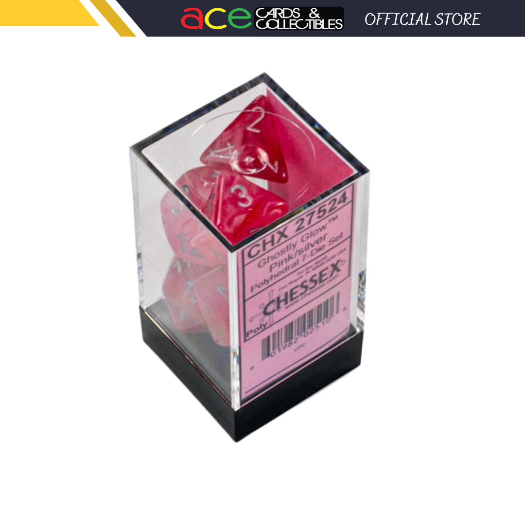 Chessex Dice Ghostly Glow Polyhedral 7-Dice Set-Pink/Silver-Chessex-Ace Cards &amp; Collectibles