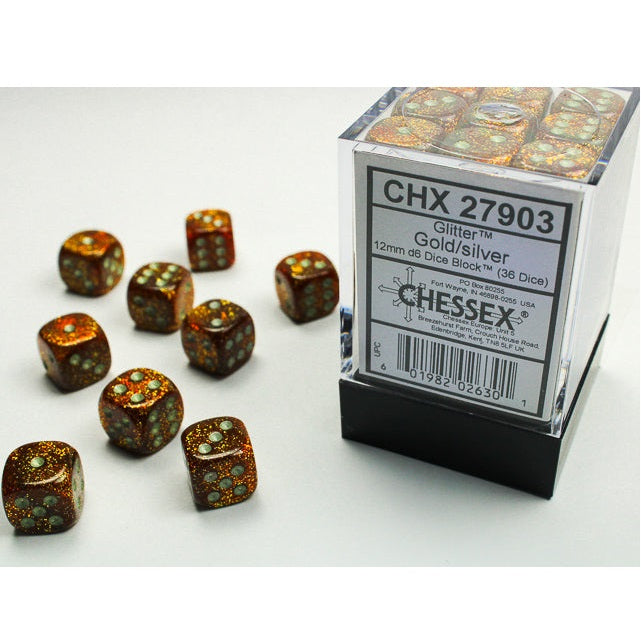 Chessex Dice Glitter Polyhedral 12mm D6 Dice Set-Gold/Silver-Chessex-Ace Cards &amp; Collectibles