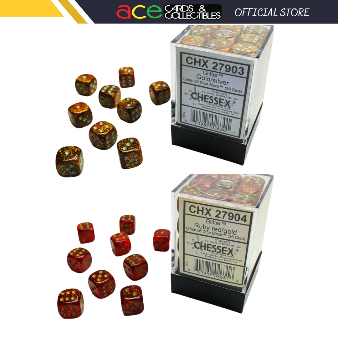 Chessex Dice Glitter Polyhedral 12mm D6 Dice Set-Gold/Silver-Chessex-Ace Cards &amp; Collectibles