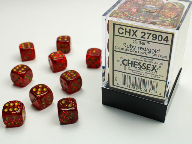 Chessex Dice Glitter Polyhedral 12mm D6 Dice Set-Ruby/Gold-Chessex-Ace Cards &amp; Collectibles