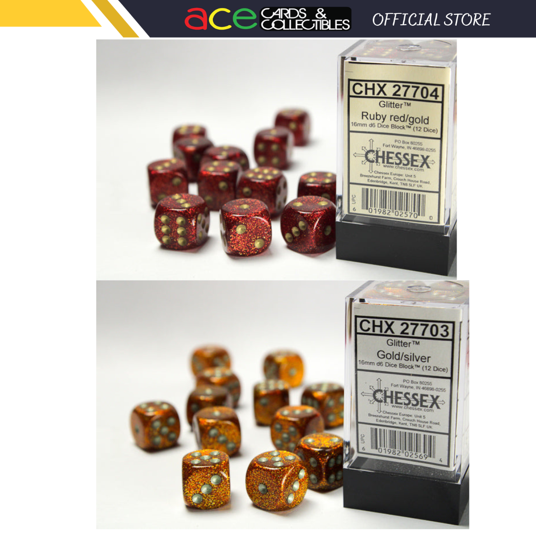 Chessex Dice Glitter Polyhedral 16mm D6 Dice Set-Gold/Silver-Chessex-Ace Cards &amp; Collectibles