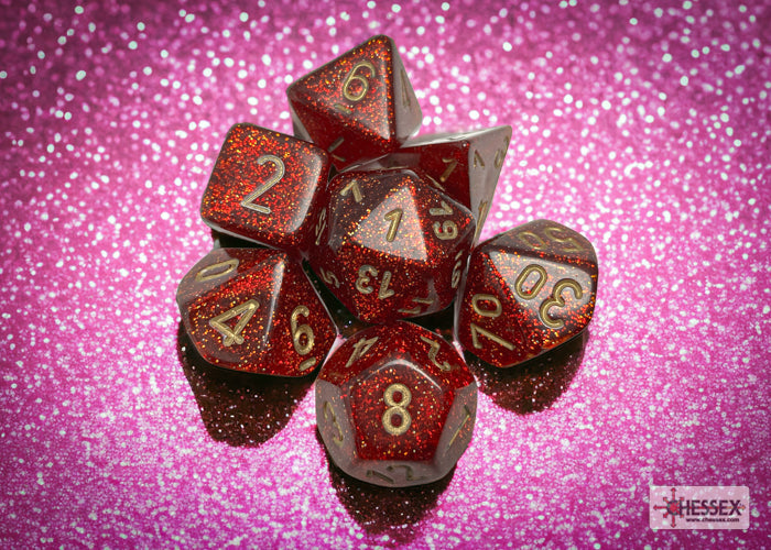 Chessex Dice Glitter Polyhedral 7-Dice Set-Ruby/Gold-Chessex-Ace Cards &amp; Collectibles