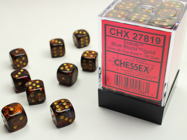 Chessex Dice Scarab Polyhedral 12mm D6 Dice Set-Blue Blood/Gold-Chessex-Ace Cards &amp; Collectibles