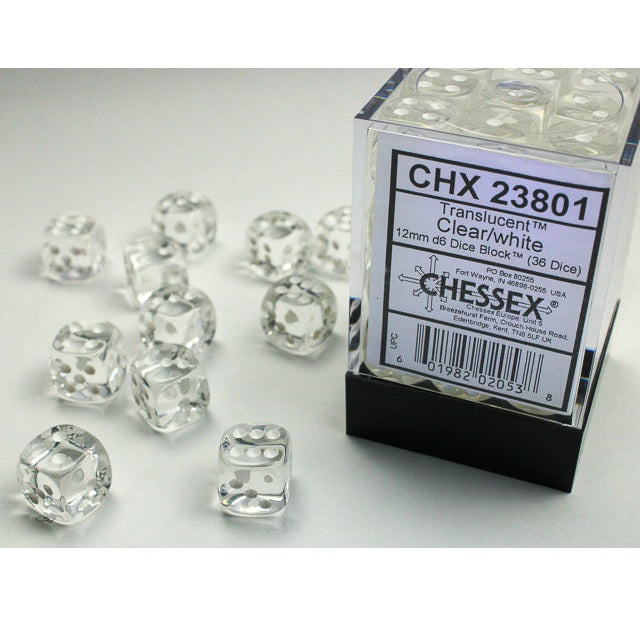 Chessex Dice Translucent Polyhedral 12mm D6 Dice Blocks-Clear/White-Chessex-Ace Cards &amp; Collectibles