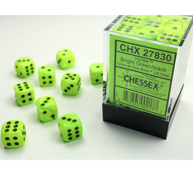 Chessex Dice Vortex Polyhedral 12mm D6 Dice Set-Bright Green/Black-Chessex-Ace Cards &amp; Collectibles