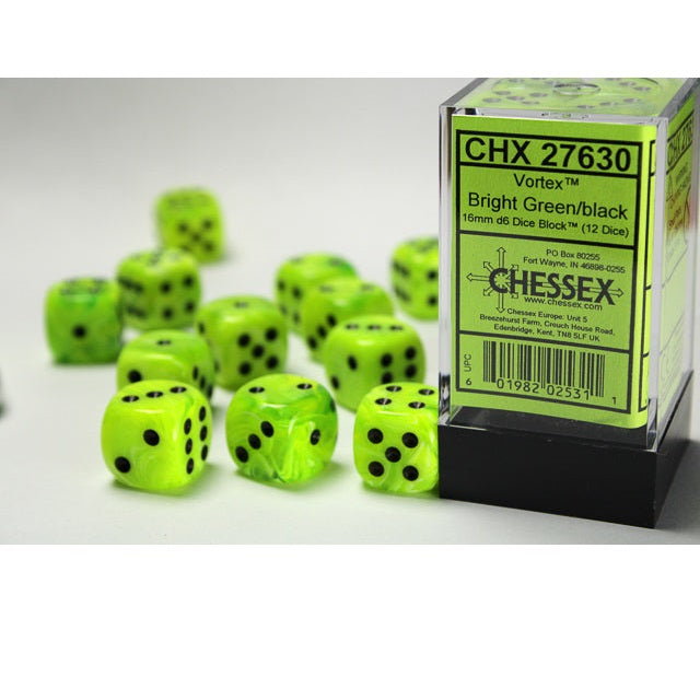 Chessex Dice Vortex Polyhedral 16mm D6 Dice Set-Bright Green/Black-Chessex-Ace Cards &amp; Collectibles