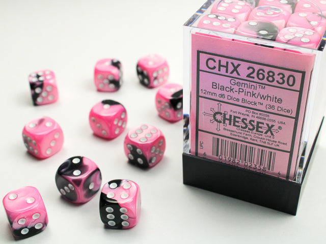 Chessex Gemini 12mm Dice Blocks (268AA)-Black-Pink/white-Chessex-Ace Cards & Collectibles