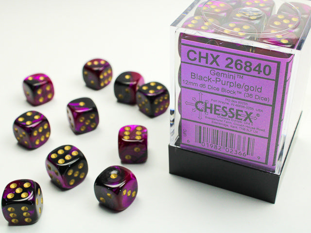 Chessex Gemini 12mm Dice Blocks (268AA)-Black-Purple/gold-Chessex-Ace Cards & Collectibles