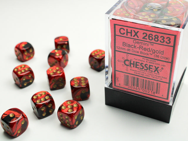 Chessex Gemini 12mm Dice Blocks (268AA)-Black-Red/gold-Chessex-Ace Cards & Collectibles