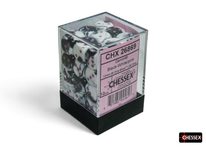 Chessex Gemini 12mm Dice Blocks (268AA)-Black-White/pink-Chessex-Ace Cards & Collectibles