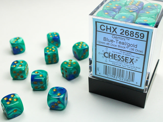 Chessex Gemini 12mm Dice Blocks (268AA)-Blue-Teal/gold-Chessex-Ace Cards & Collectibles