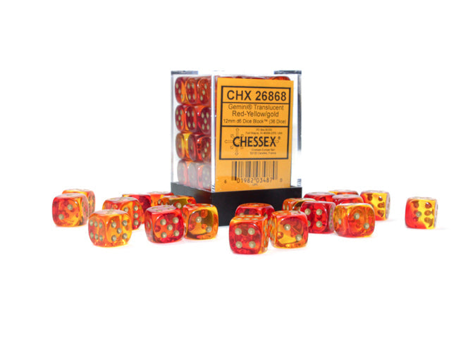 Chessex Gemini 12mm Dice Blocks (268AA)-Translucent Red-Yellow/gold-Chessex-Ace Cards & Collectibles