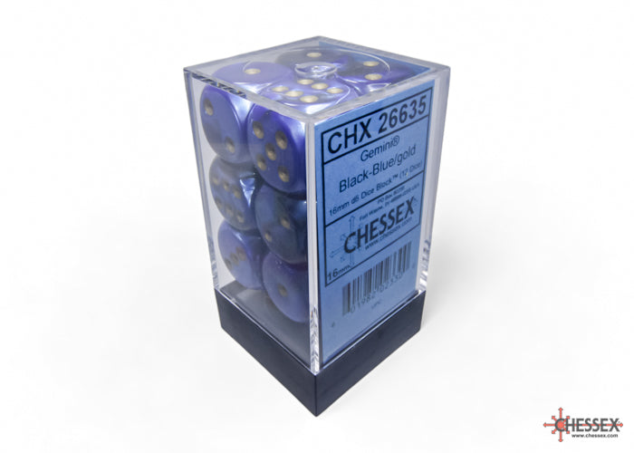 Chessex Gemini 16mm D6 Dice Blocks (266AA)-Black-Blue/gold-Chessex-Ace Cards & Collectibles