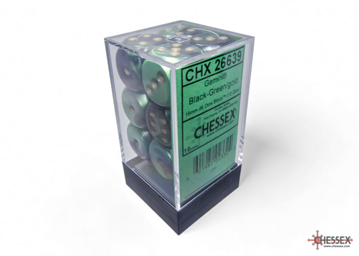 Chessex Gemini 16mm D6 Dice Blocks (266AA)-Black-Green/gold-Chessex-Ace Cards & Collectibles