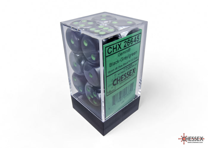 Chessex Gemini 16mm D6 Dice Blocks (266AA)-Black-Grey/green-Chessex-Ace Cards & Collectibles