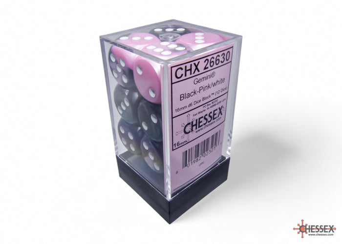 Chessex Gemini 16mm D6 Dice Blocks (266AA)-Black-Pink/white-Chessex-Ace Cards & Collectibles