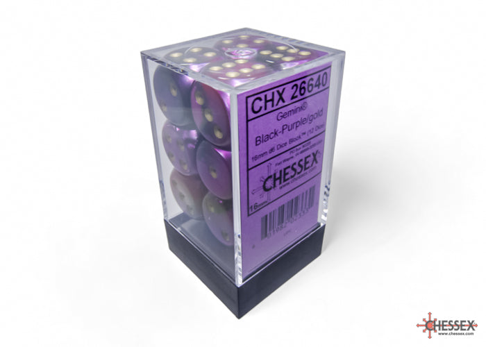 Chessex Gemini 16mm D6 Dice Blocks (266AA)-Black-Purple/gold-Chessex-Ace Cards & Collectibles
