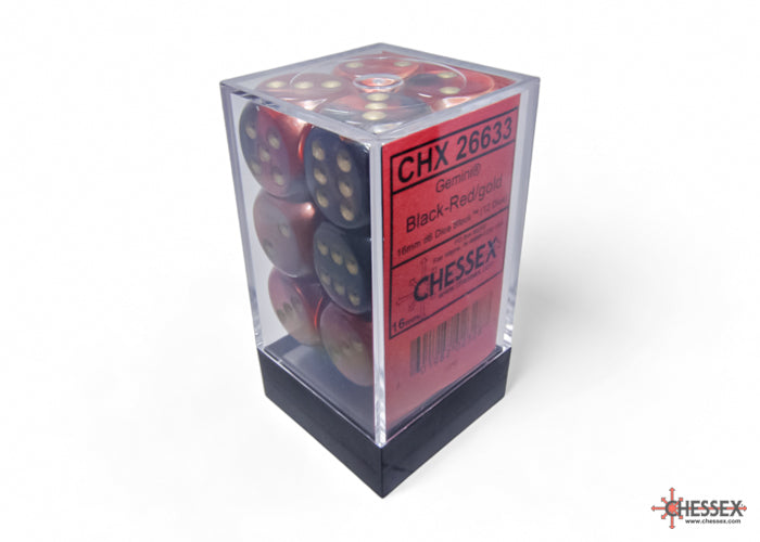 Chessex Gemini 16mm D6 Dice Blocks (266AA)-Black-Red/gold-Chessex-Ace Cards & Collectibles