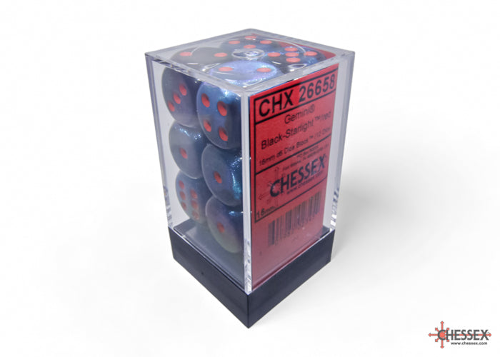 Chessex Gemini 16mm D6 Dice Blocks (266AA)-Black-Starlight/red-Chessex-Ace Cards & Collectibles