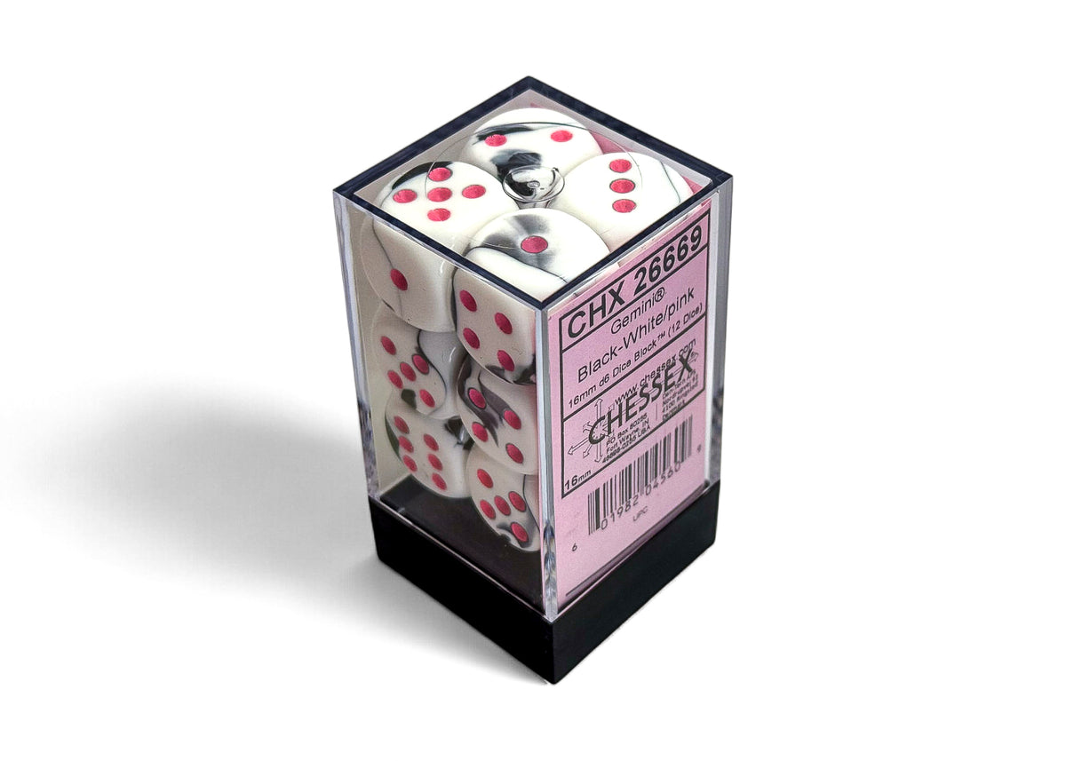 Chessex Gemini 16mm D6 Dice Blocks (266AA)-Black-White/pink-Chessex-Ace Cards & Collectibles