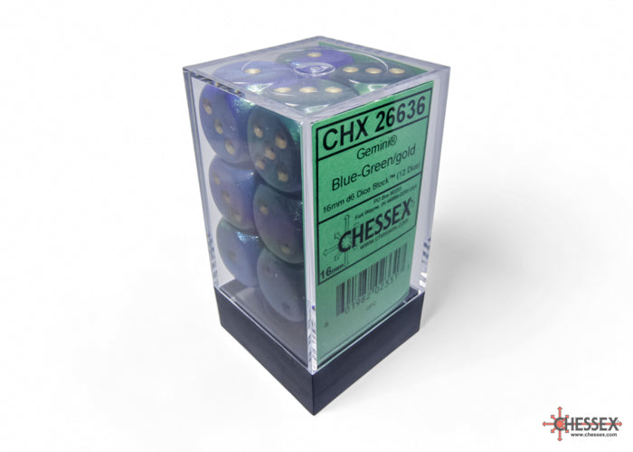 Chessex Gemini 16mm D6 Dice Blocks (266AA)-Blue-Green/gold-Chessex-Ace Cards & Collectibles