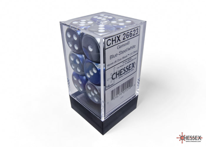 Chessex Gemini 16mm D6 Dice Blocks (266AA)-Blue-Steel/white-Chessex-Ace Cards & Collectibles