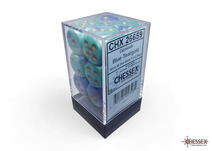 Chessex Gemini 16mm D6 Dice Blocks (266AA)-Blue-Teal/gold-Chessex-Ace Cards & Collectibles